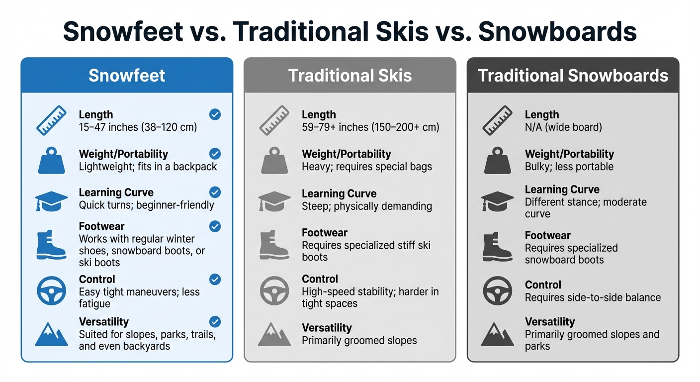 Snowfeet vs Traditional Skis and Snowboards Comparison Chart