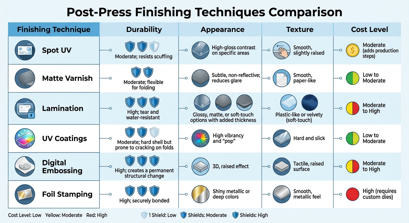 Post-Press Finishing Techniques Comparison: Durability, Appearance, Texture & Cost