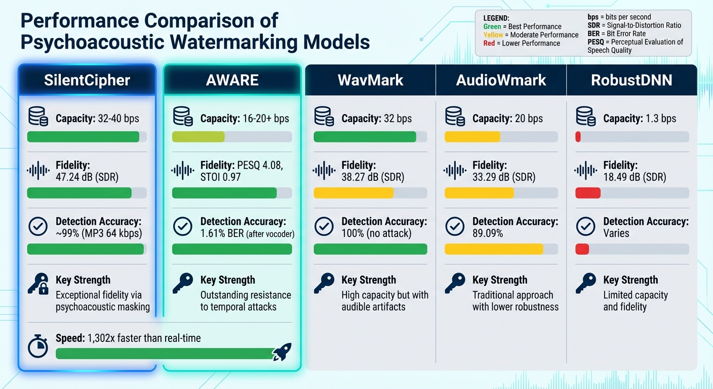 Psychoacoustic Watermarking Models Performance Comparison: Capacity, Fidelity & Detection Accuracy