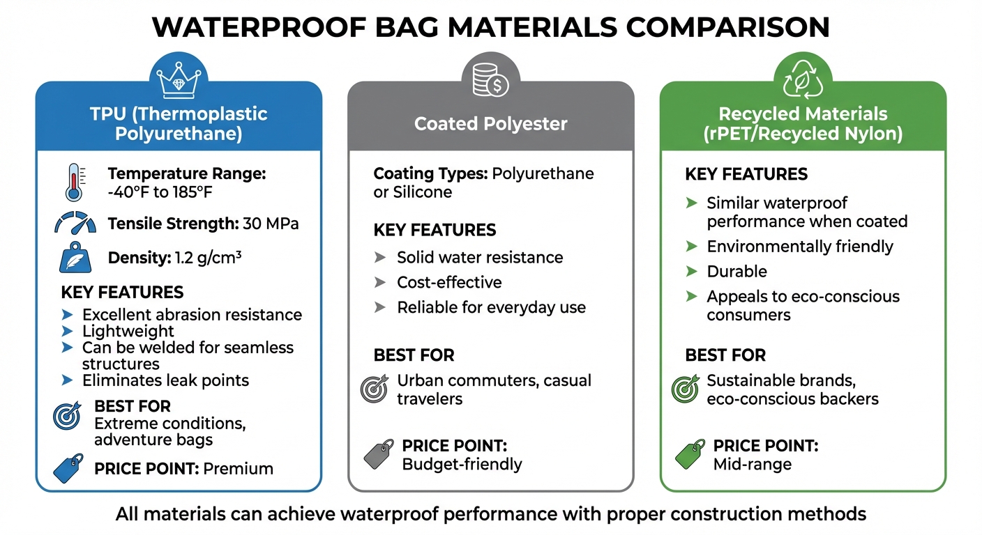 Waterproof Bag Materials Comparison: TPU vs Coated Polyester vs Recycled Materials
