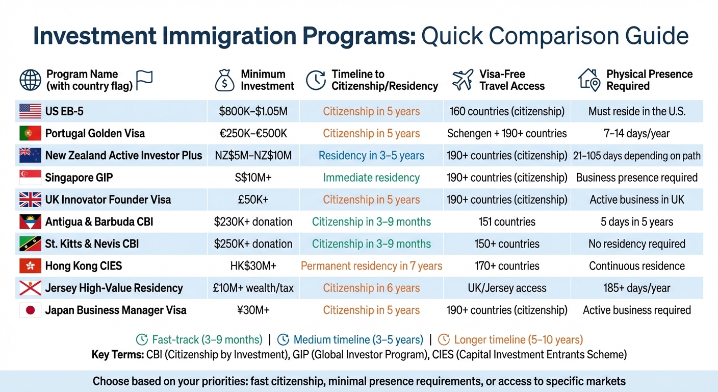 Investment Immigration Programs Comparison: Investment Amounts, Timelines, and Requirements