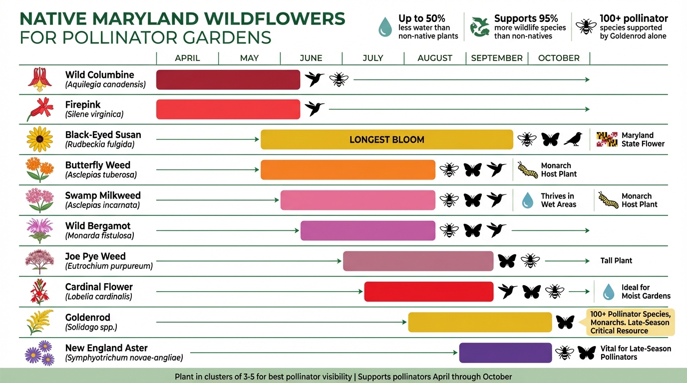 10 Native Maryland Wildflowers Bloom Times and Pollinator Benefits Chart