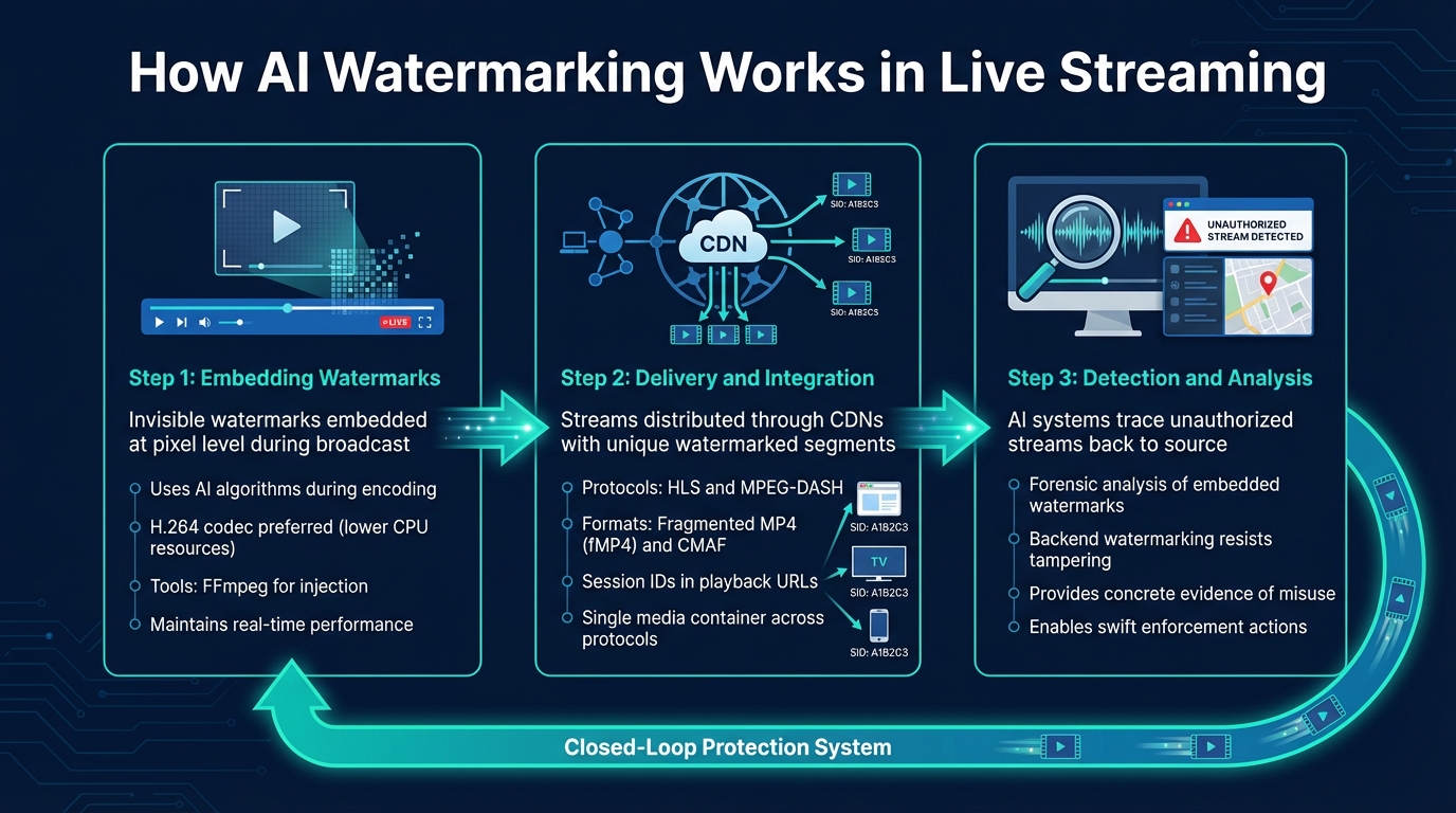 How AI Watermarking Works in Live Streaming: 3-Step Process