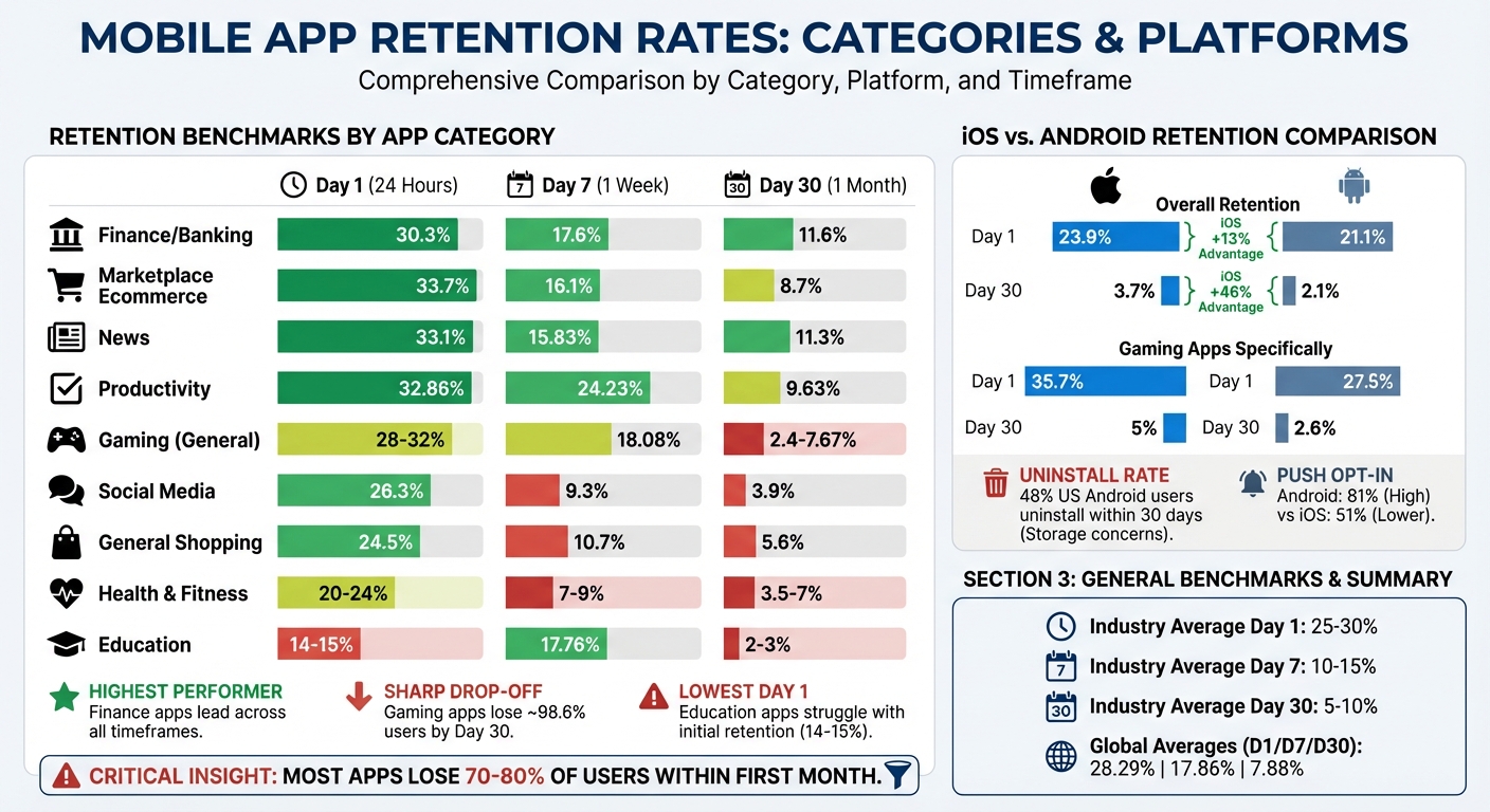 Mobile App Retention Benchmarks by Category and Platform