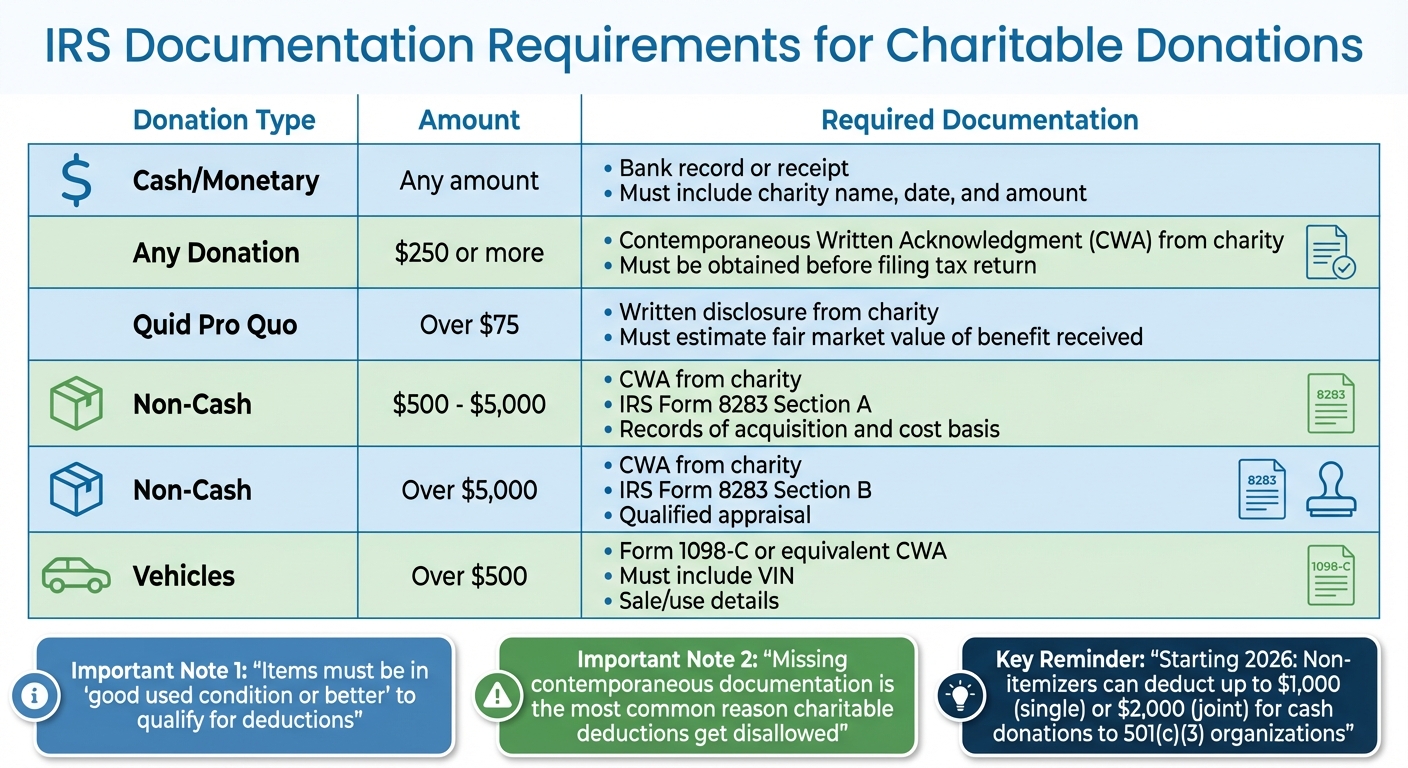 IRS Documentation Requirements for Charitable Donations by Amount and Type