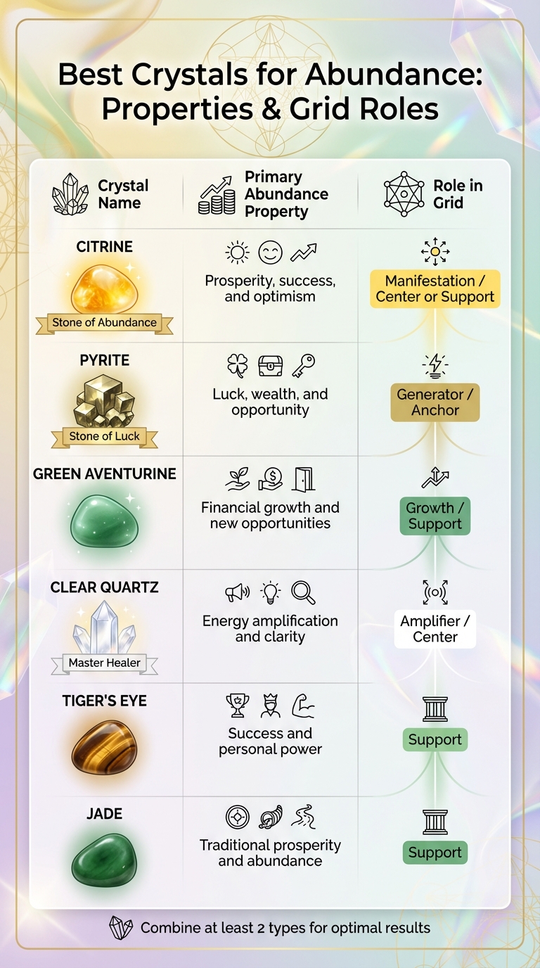 Best Crystals for Abundance Grids: Properties and Roles Comparison