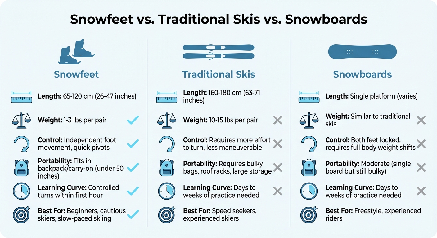 Snowfeet vs Tradiční lyže a snowboardy – srovnávací tabulka