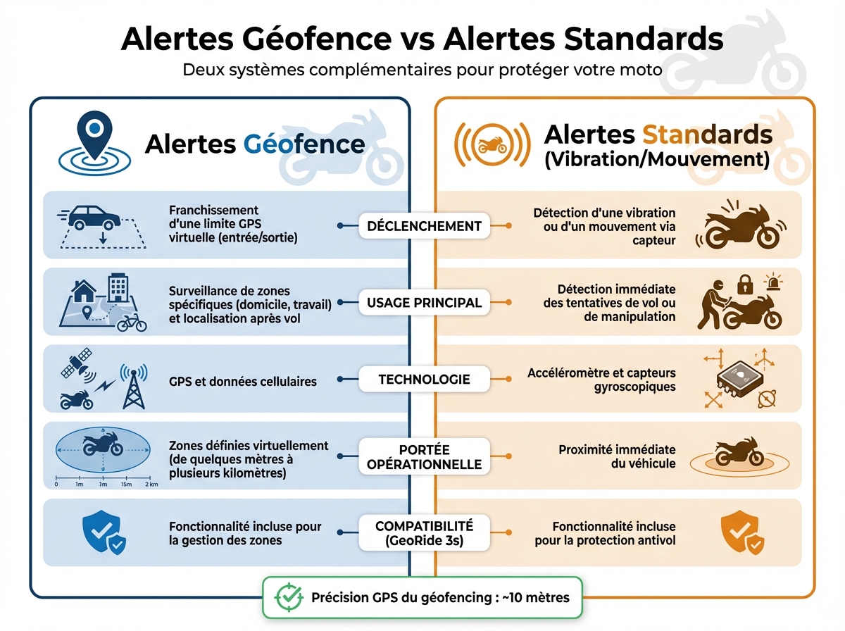 Comparaison alertes géofence vs alertes standards pour motos