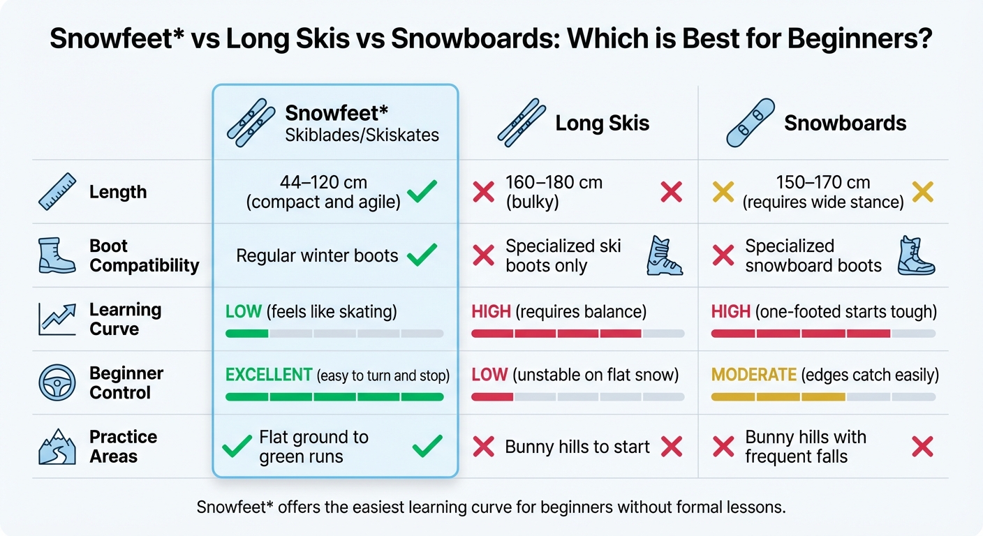 Snowfeet vs Long Skis vs Snowboards: Beginner Comparison Guide