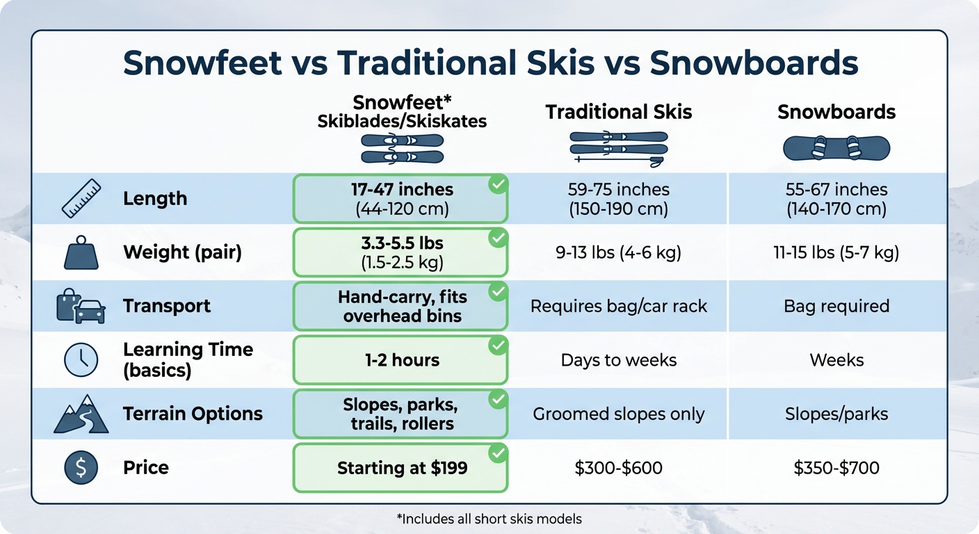 Porównanie Snowfeet vs Tradycyjne narty vs Snowboardy