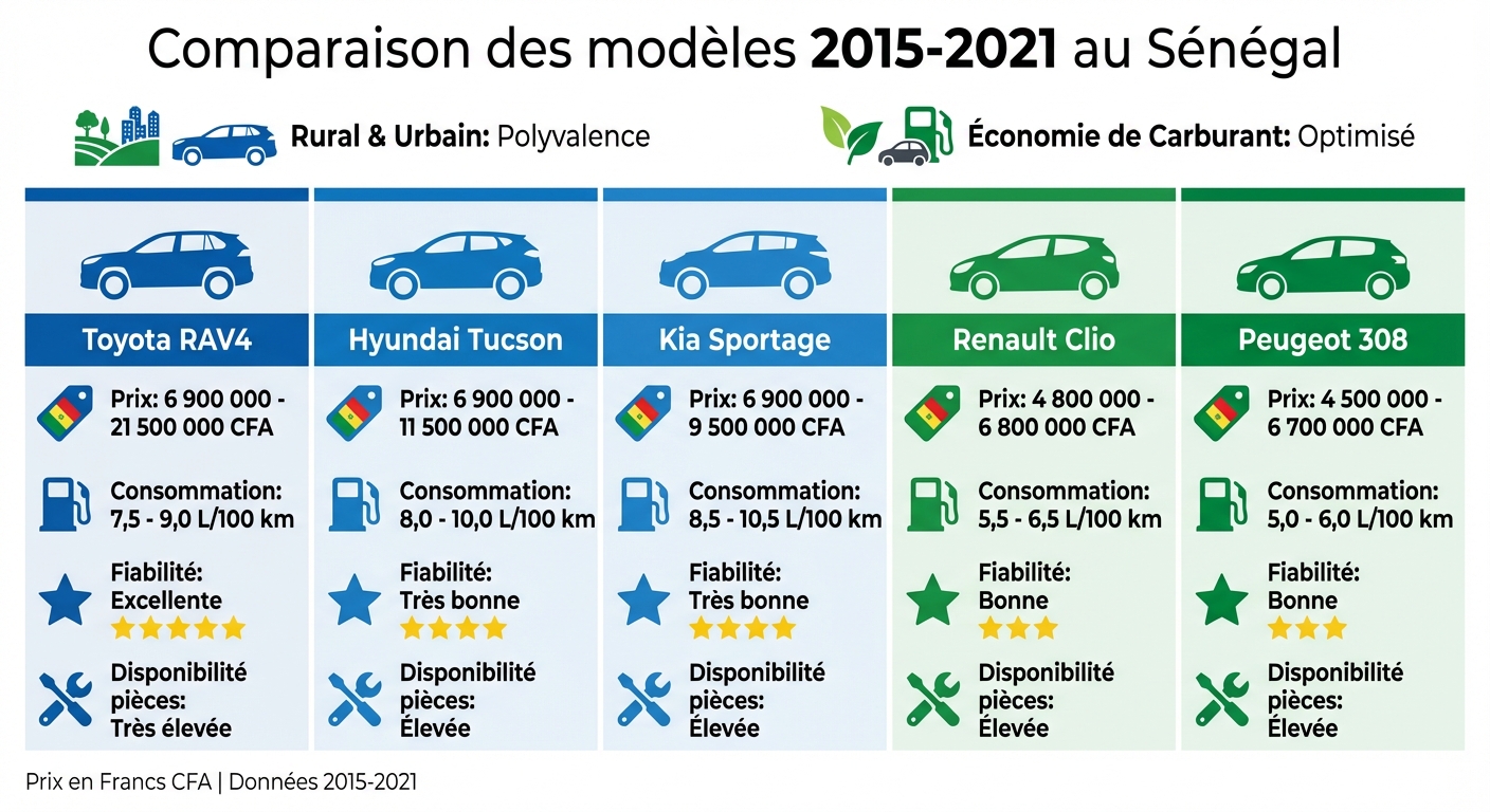 Comparaison des véhicules 2015-2021 populaires au Sénégal : prix, consommation et fiabilité