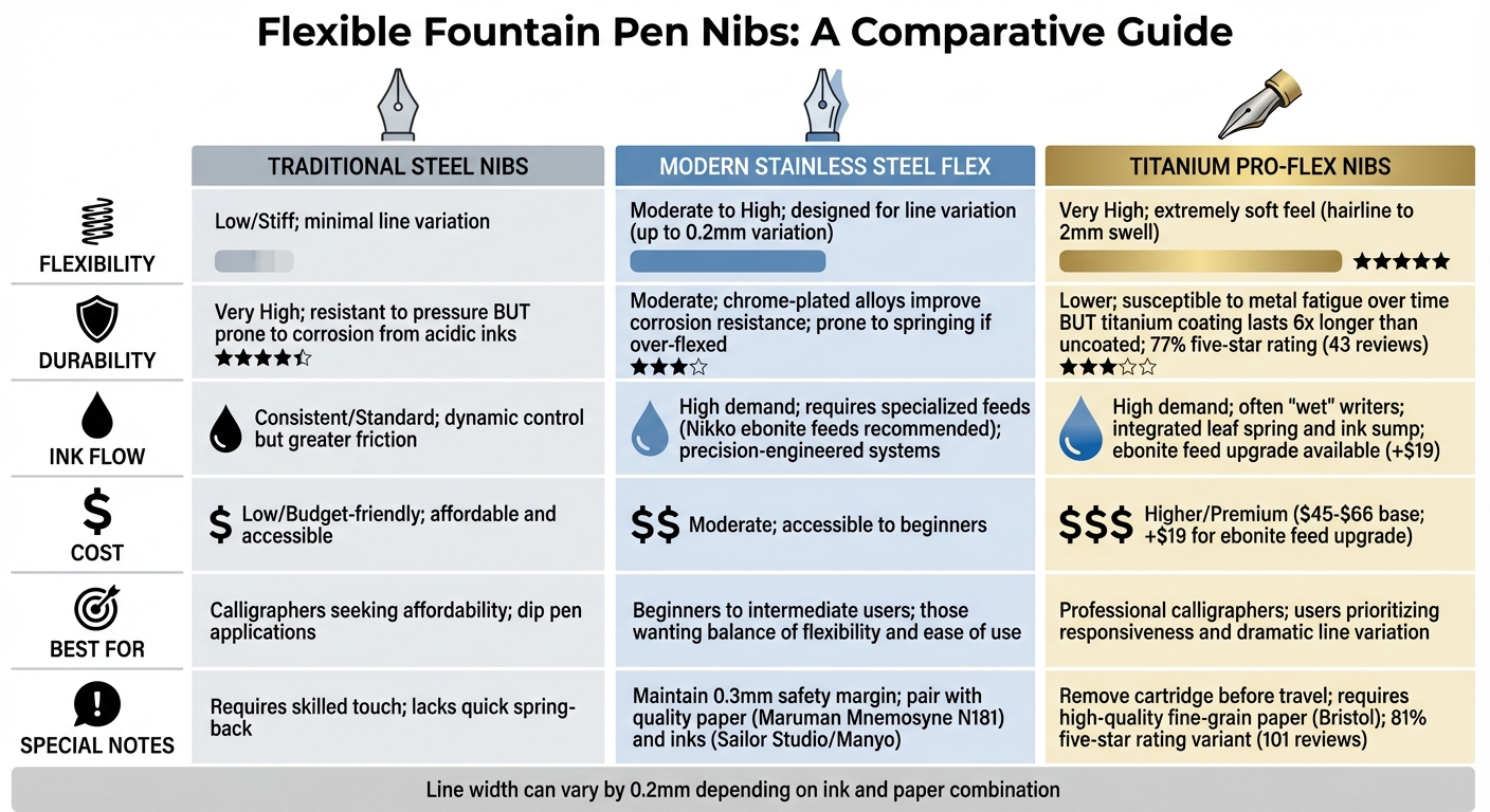 Comparison of Fountain Pen Nib Types: Traditional Steel vs Modern Stainless Steel vs Titanium Pro-Flex