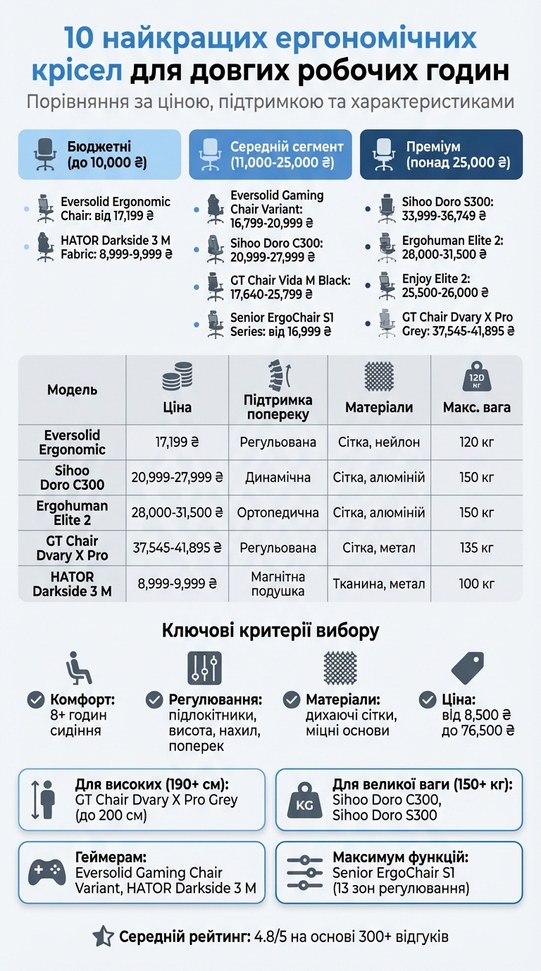 Порівняння 10 найкращих ергономічних крісел: ціна, характеристики та підтримка