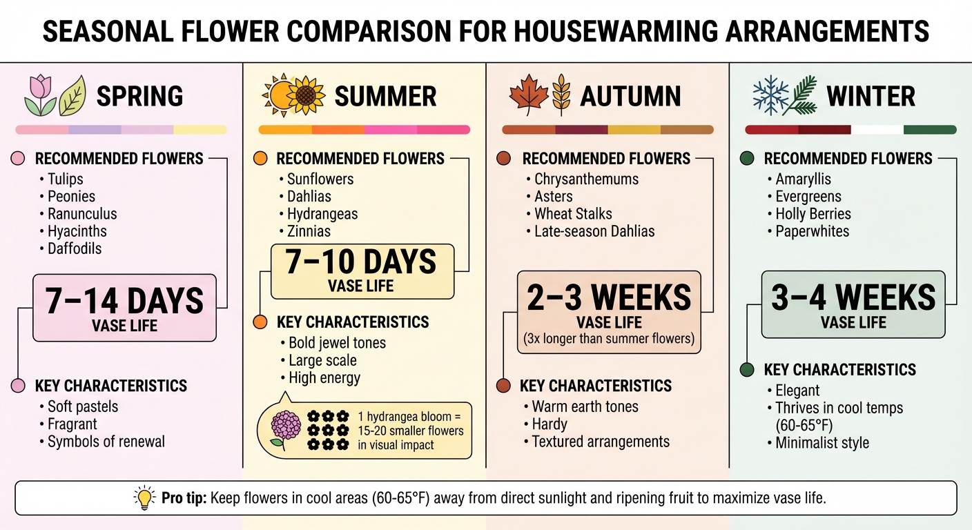 Seasonal Housewarming Flowers Guide: Best Blooms by Season with Vase Life