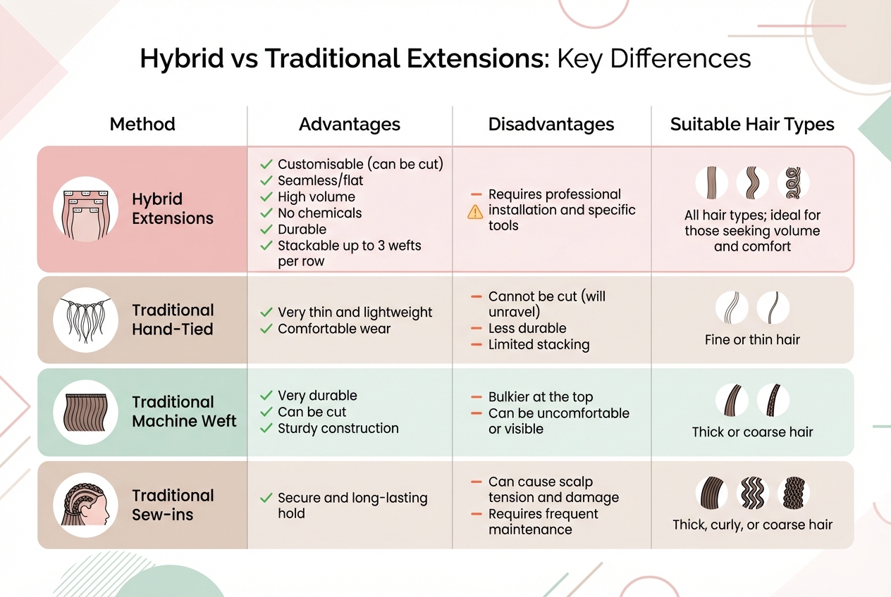Hybrid vs Traditional Hair Extensions Comparison Chart