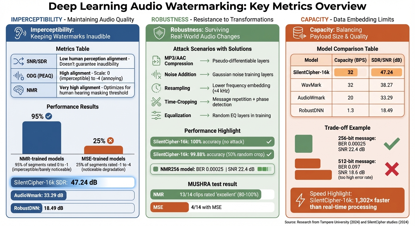 Audio Watermarking Performance Metrics Comparison: SilentCipher vs Traditional Models