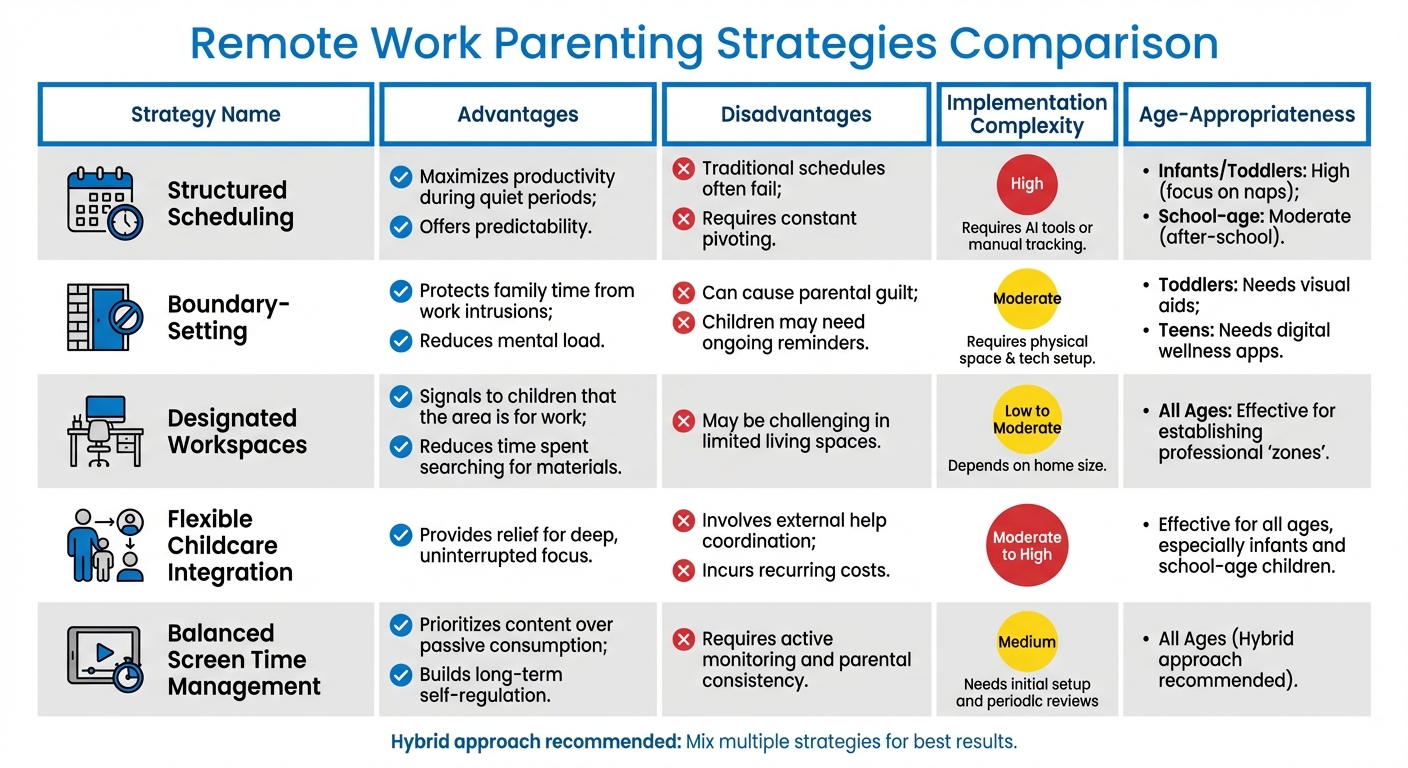Comparison of 5 Remote Work Parenting Strategies: Pros, Cons, and Implementation