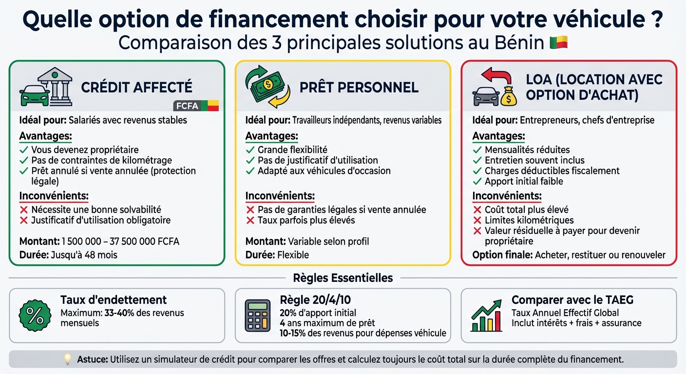 Comparaison des options de financement automobile au Bénin : crédit affecté, prêt personnel et LOA