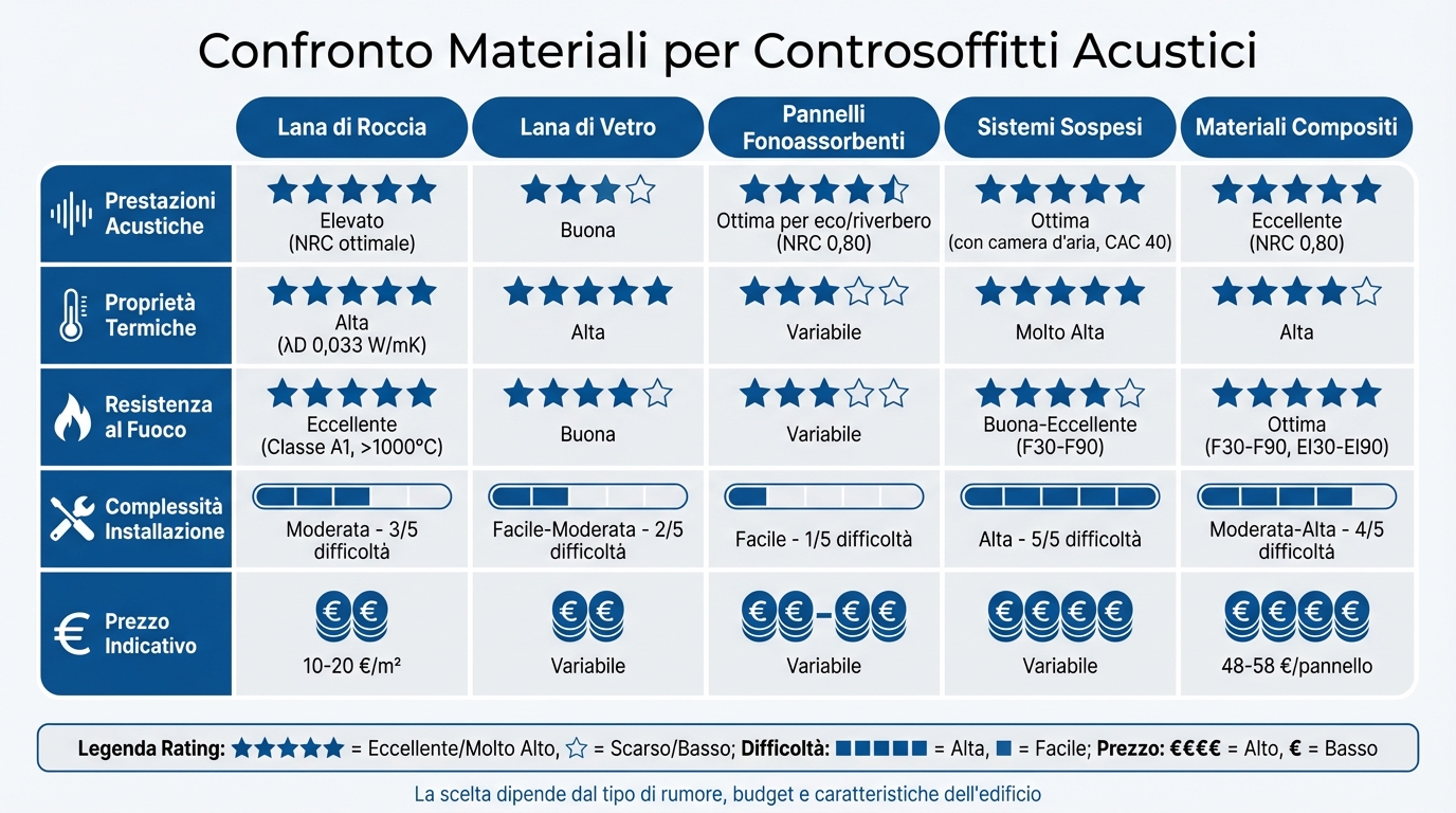 Confronto materiali per controsoffitti acustici: prestazioni, costi e caratteristiche
