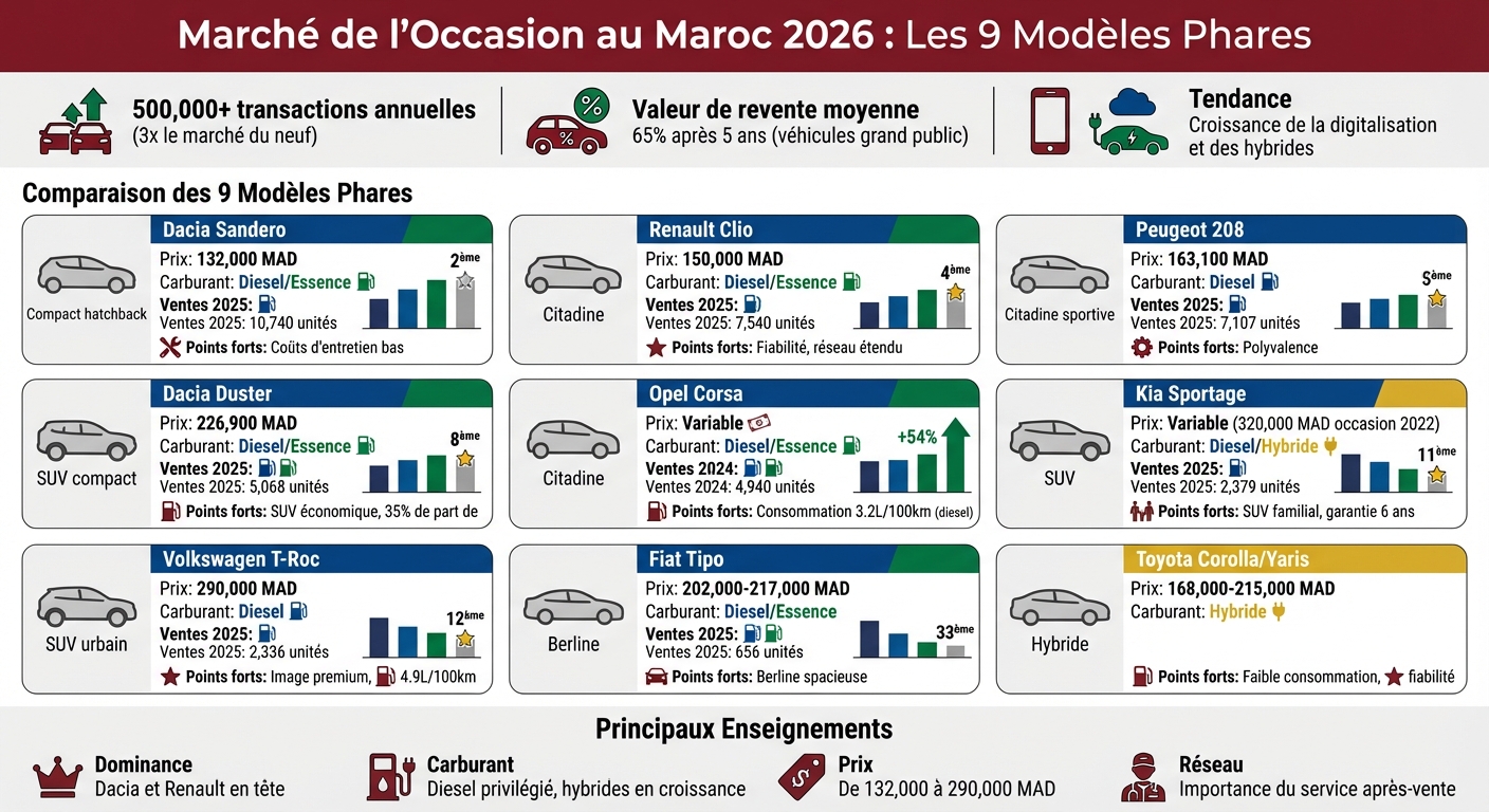 Comparaison des 9 voitures d'occasion les plus vendues au Maroc en 2026