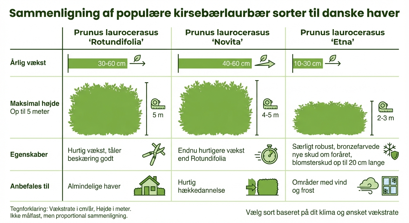 Sammenligning af kirsebærlaurbær sorter: vækst, højde og egenskaber