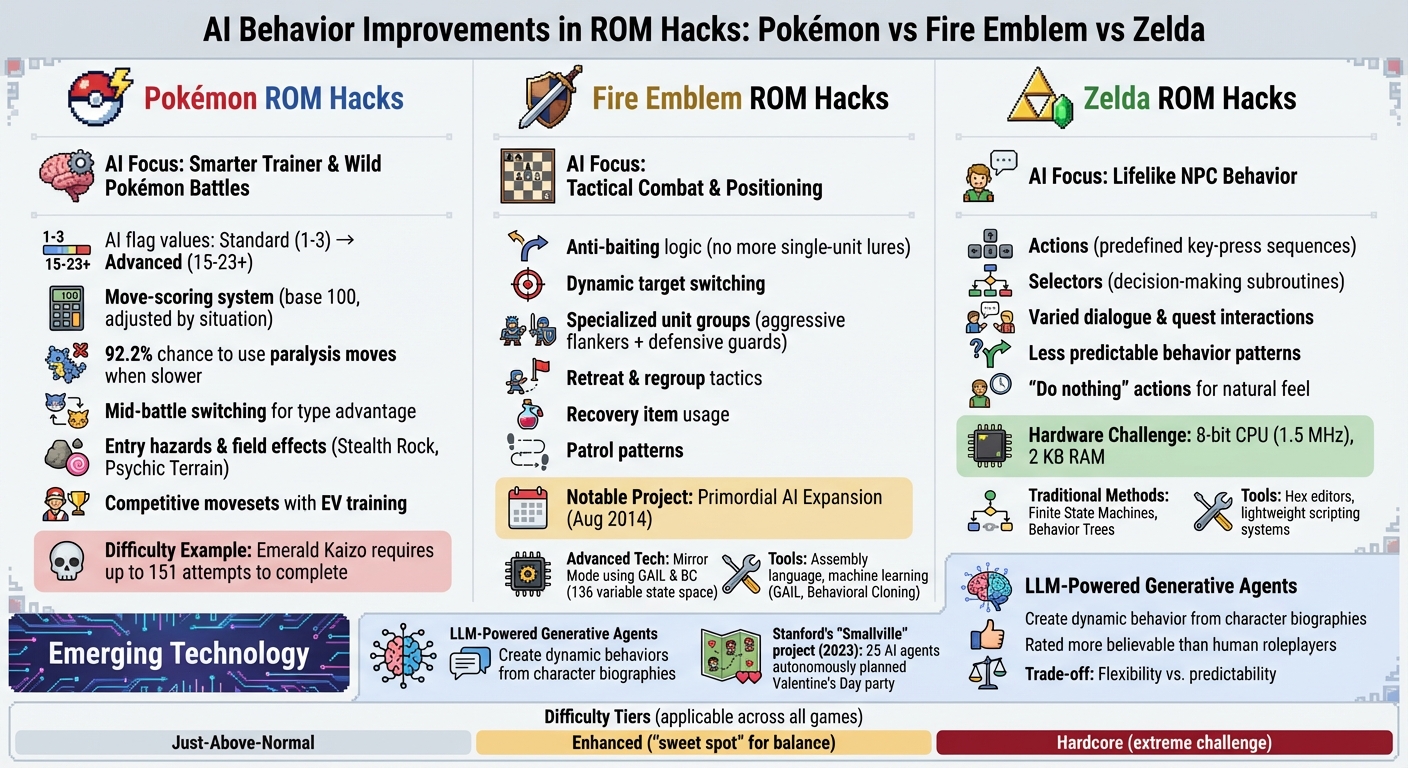 AI Behavior Improvements Across Pokémon, Fire Emblem, and Zelda ROM Hacks