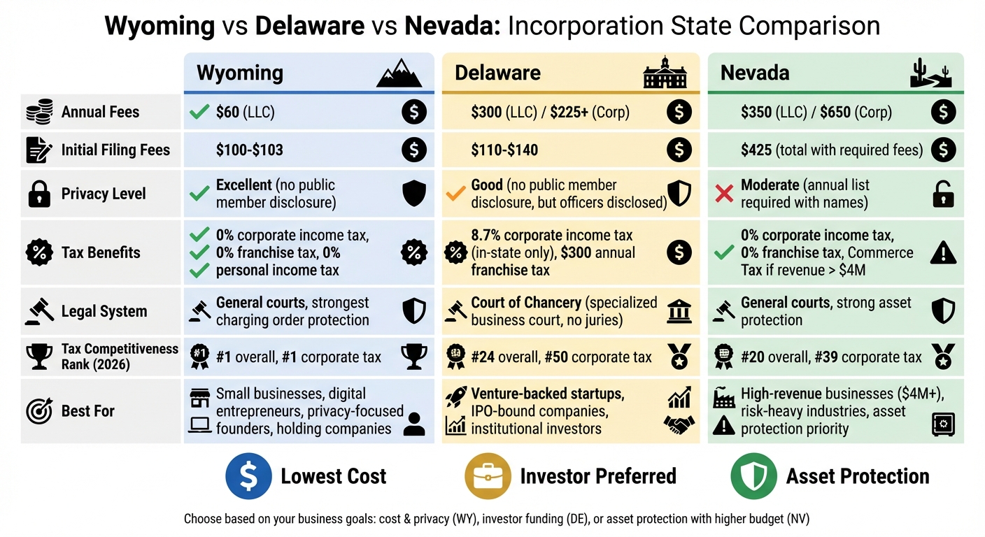Wyoming vs Delaware vs Nevada Incorporation Comparison Chart