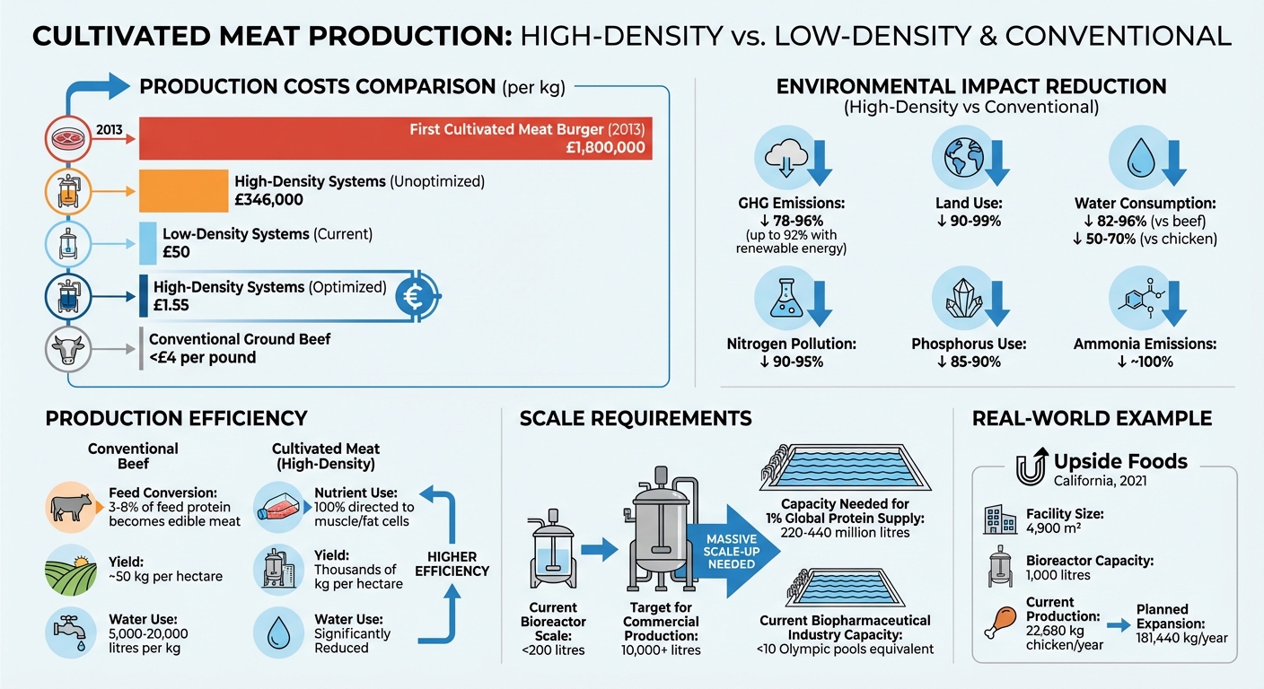 High-Density vs Low-Density Cultivated Meat Production: Cost, Environmental Impact & Efficiency Comparison