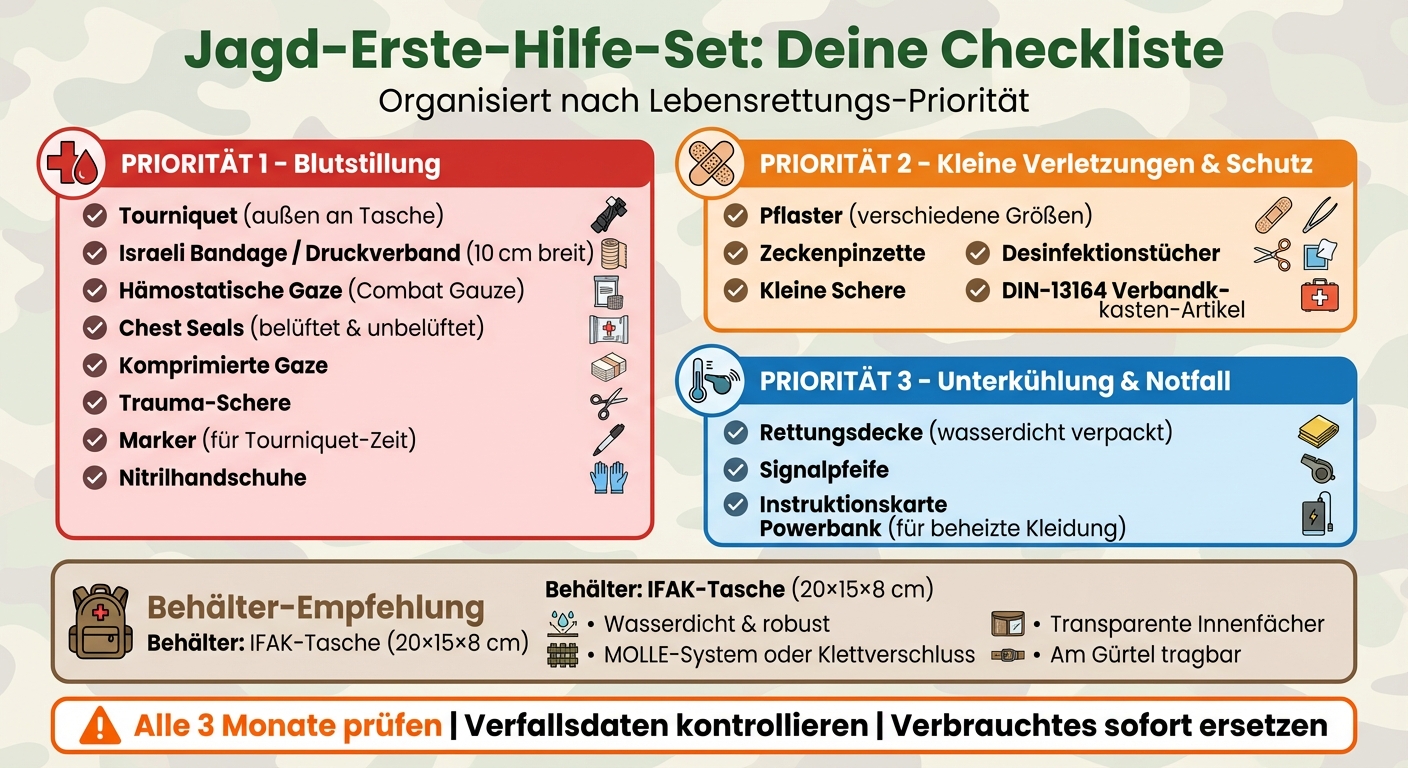 Jagd-Erste-Hilfe-Set Checkliste: Unverzichtbare Ausrüstung nach Priorität