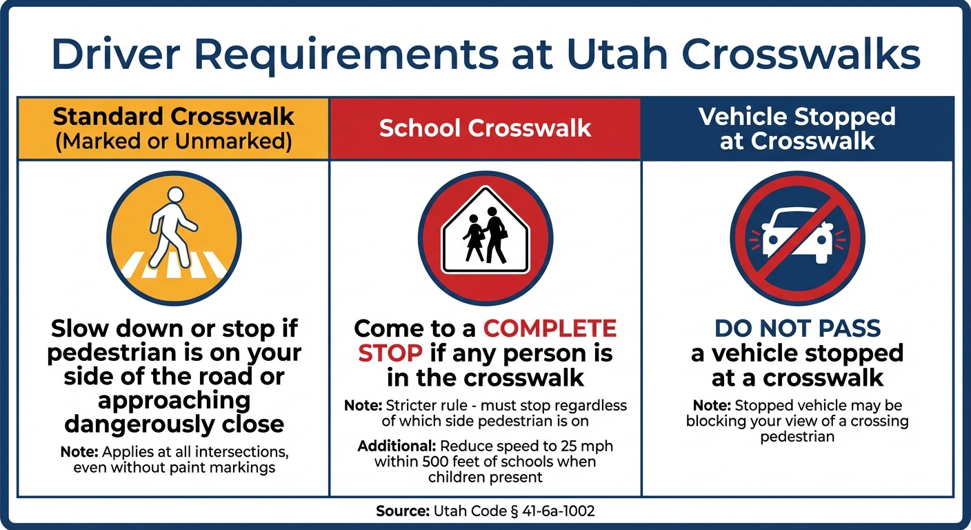 Utah Pedestrian Right-of-Way Rules: Driver Requirements by Crosswalk Type