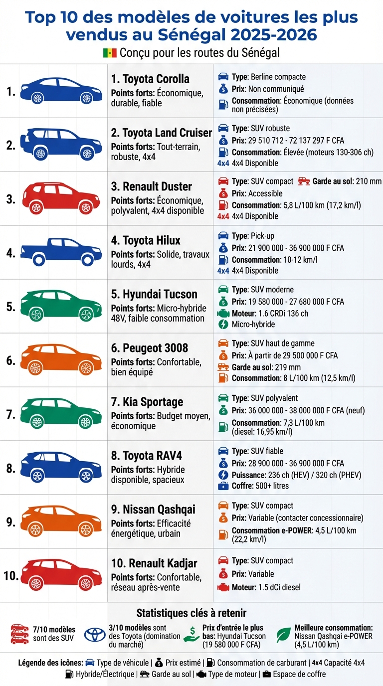 Top 10 des voitures les plus vendues au Sénégal 2025-2026 : Prix et caractéristiques