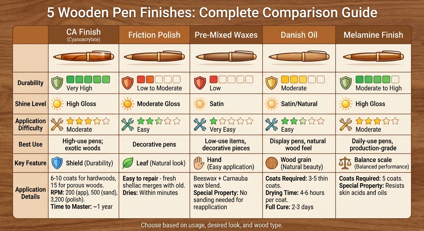 Wooden Pen Barrel Finishes Comparison Chart: Durability, Shine, and Best Uses