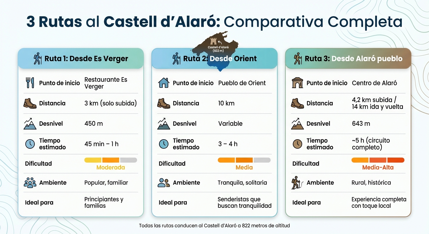 Comparison of the 3 hiking trails to Castell d'Alaró