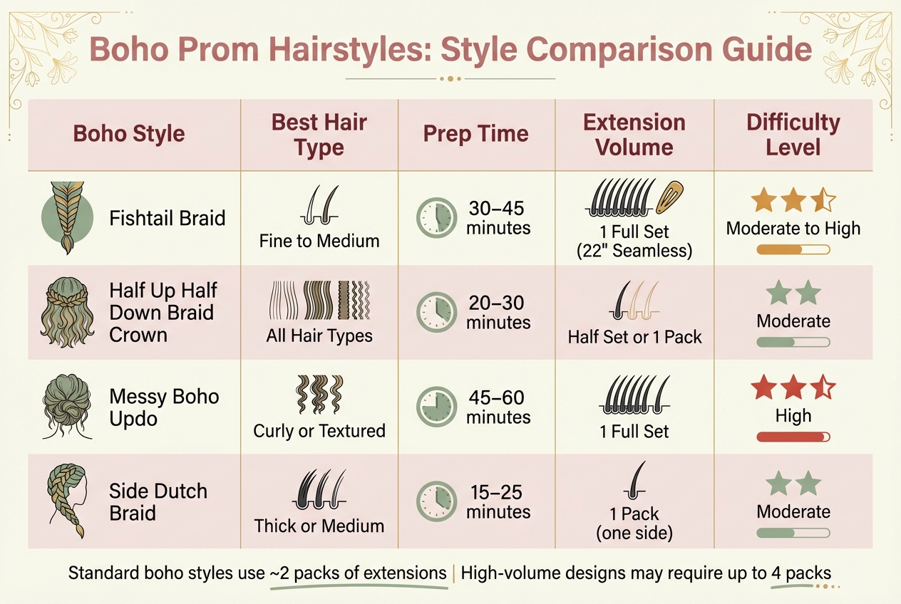 Boho Prom Hairstyles Comparison Guide by Hair Type and Difficulty