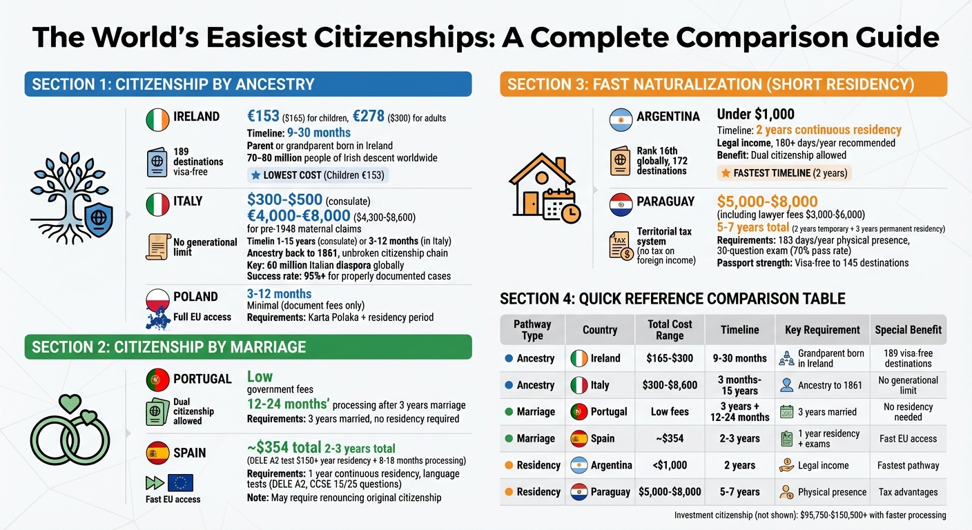 Comparison of Low-Cost Citizenship Pathways by Type, Timeline, and Cost
