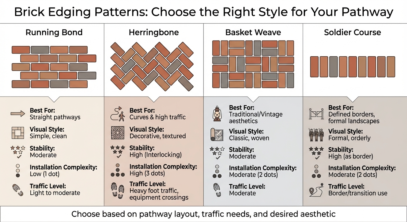 Brick Edging Pattern Comparison: Running Bond, Herringbone, Basket Weave & Soldier Course