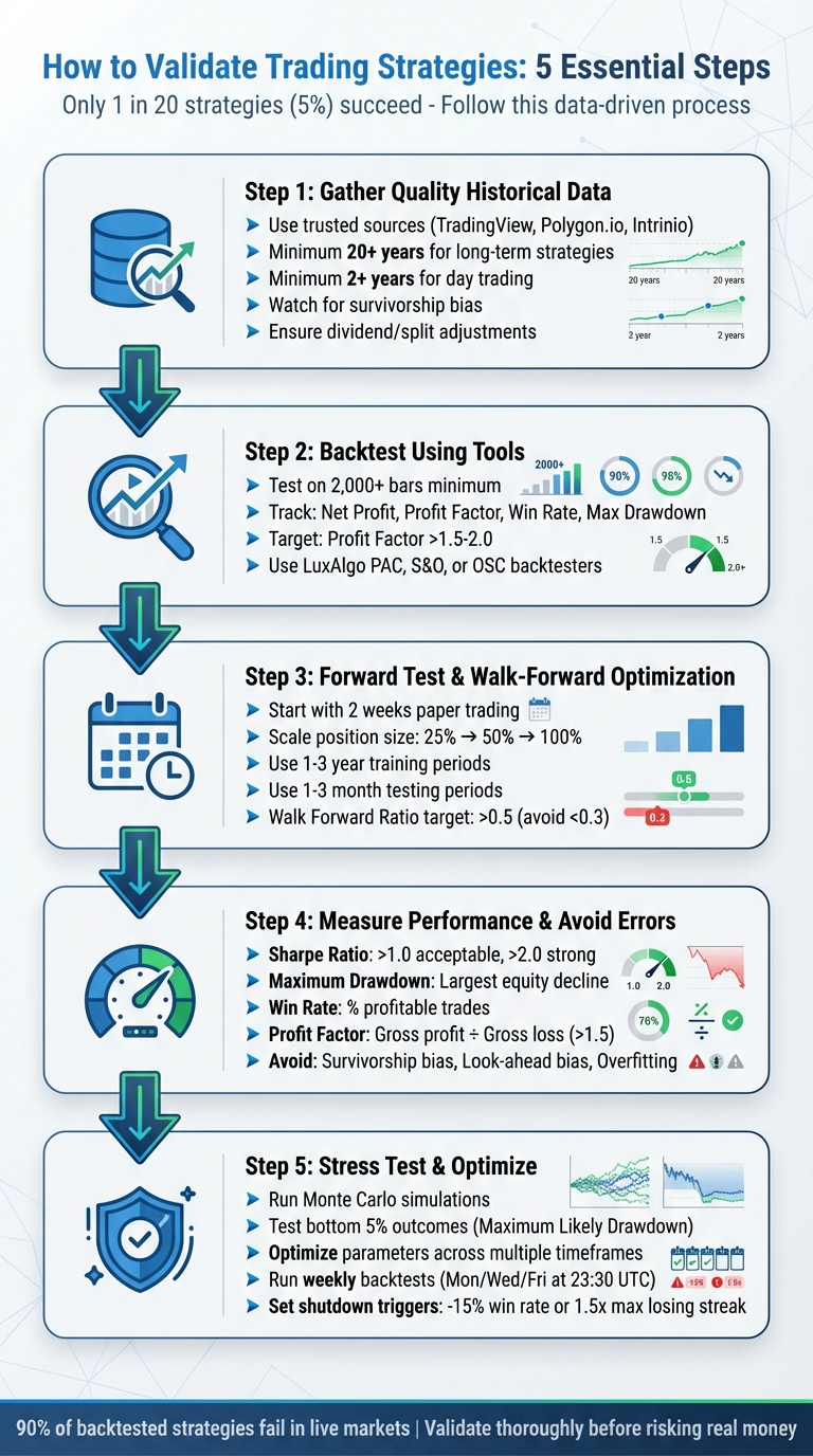 5-Step Trading Strategy Validation Process with Key Metrics