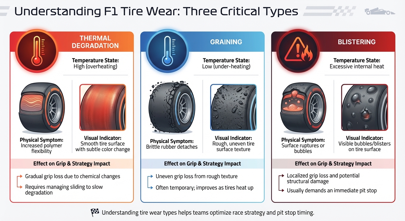 F1 Tire Wear Types: Thermal Degradation vs Graining vs Blistering
