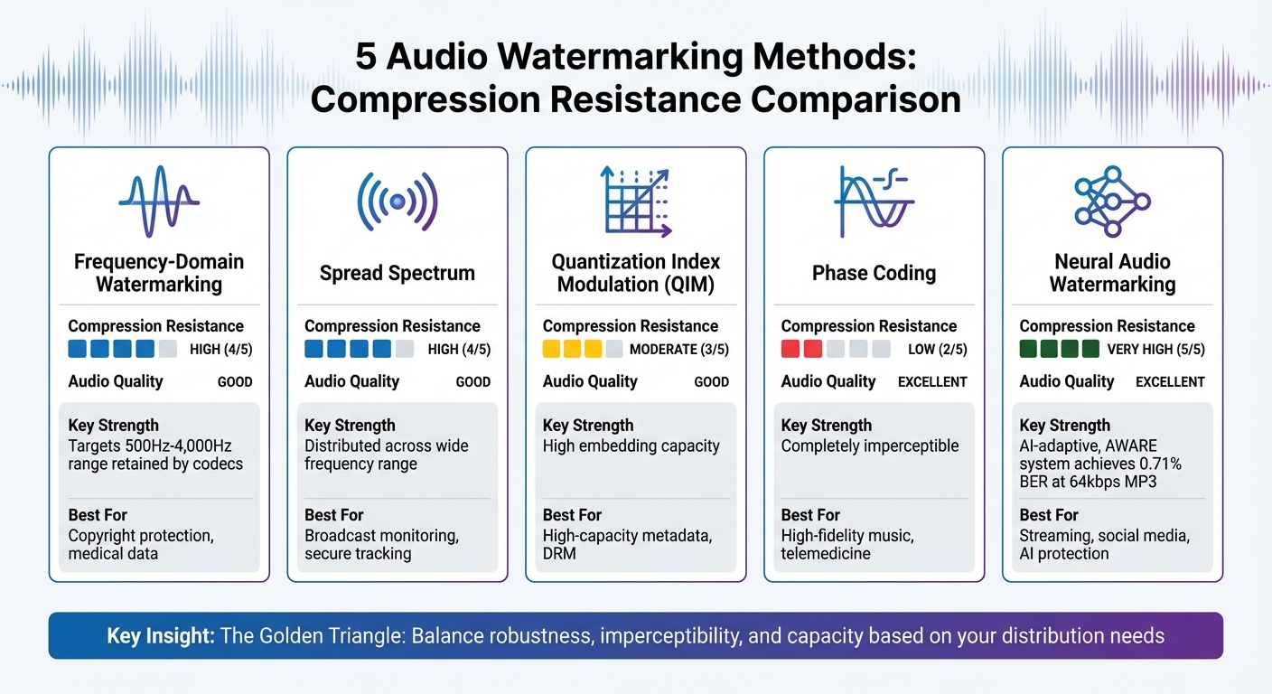 Audio Watermarking Methods Comparison: Compression Resistance and Use Cases