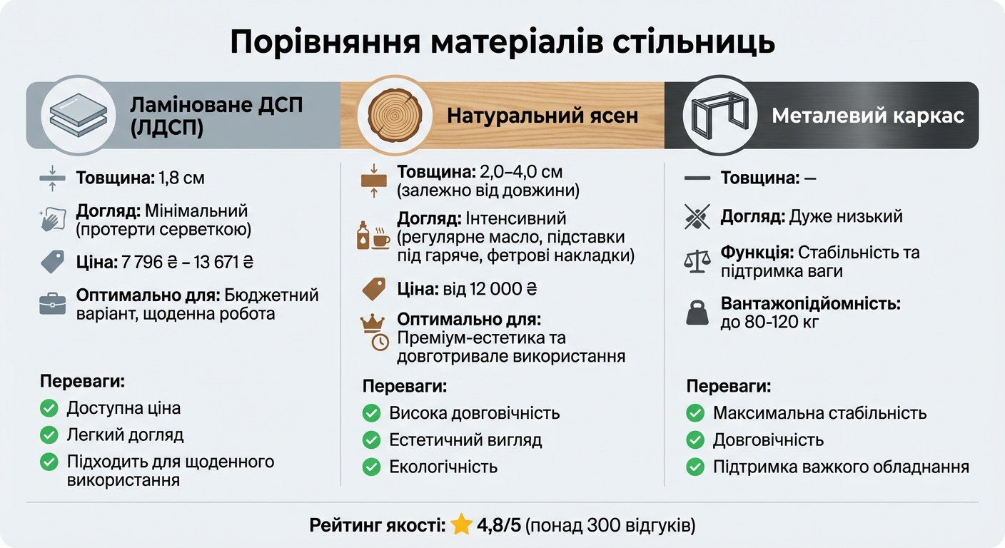 Порівняння матеріалів стільниць для робочих столів: характеристики та застосування