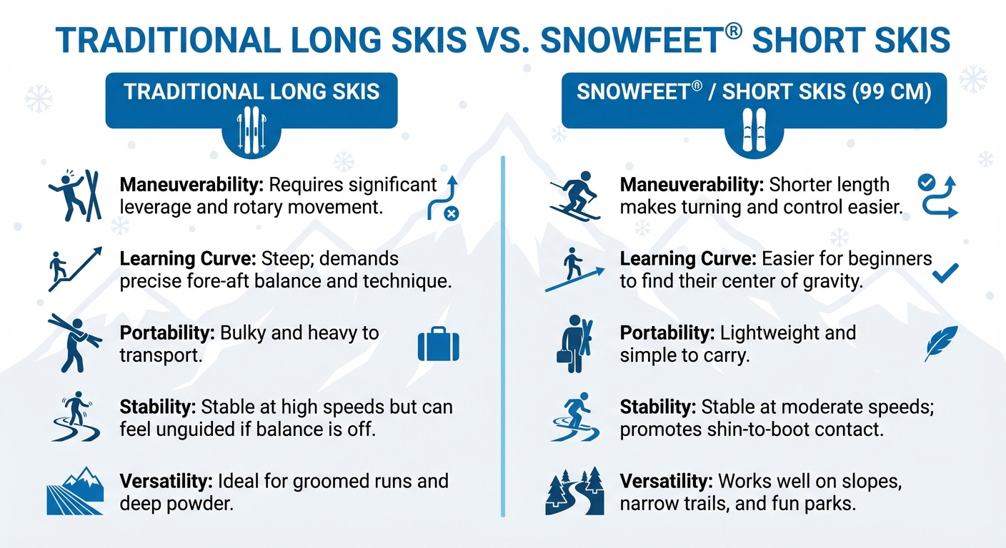 Traditional Long Skis vs Snowfeet Short Skis Comparison Chart