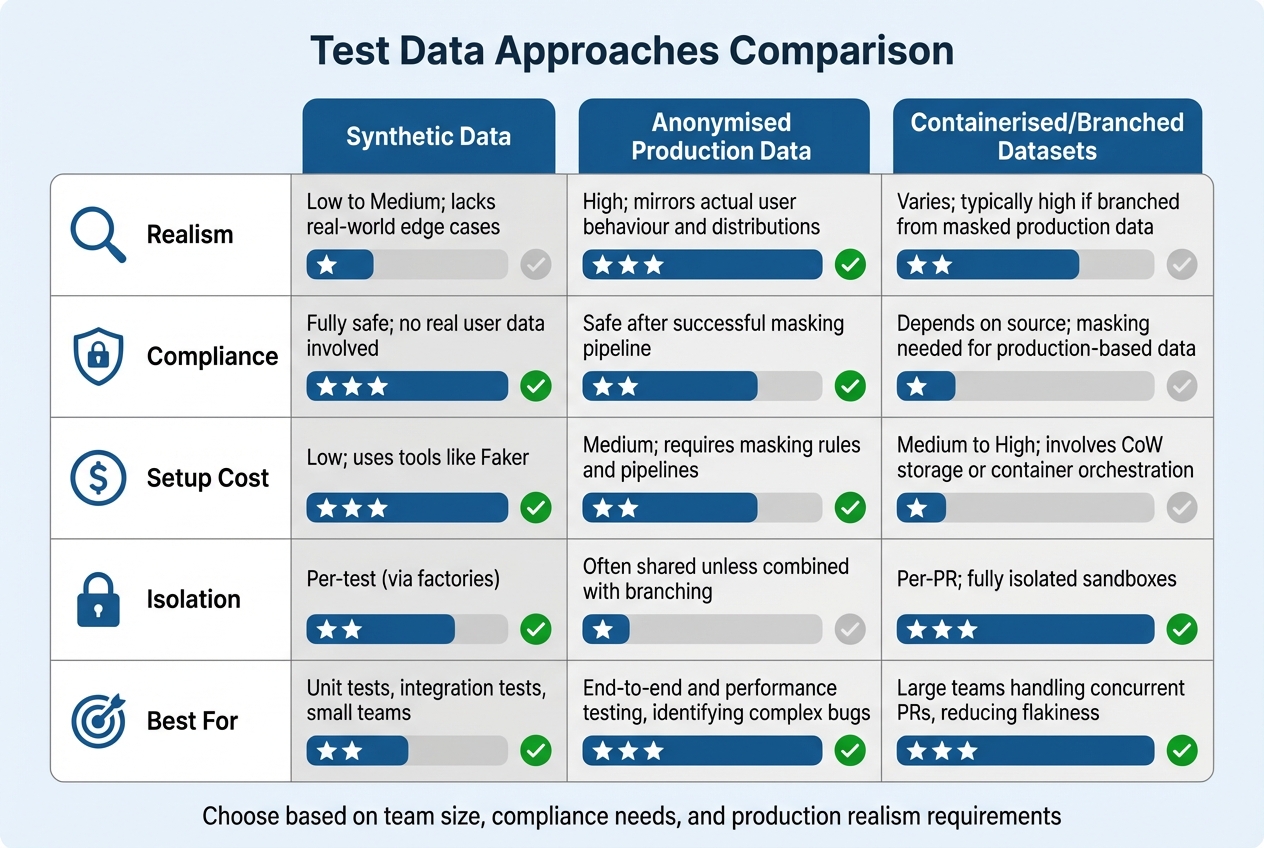 Comparison of Test Data Approaches: Synthetic vs Anonymised vs Containerised Datasets