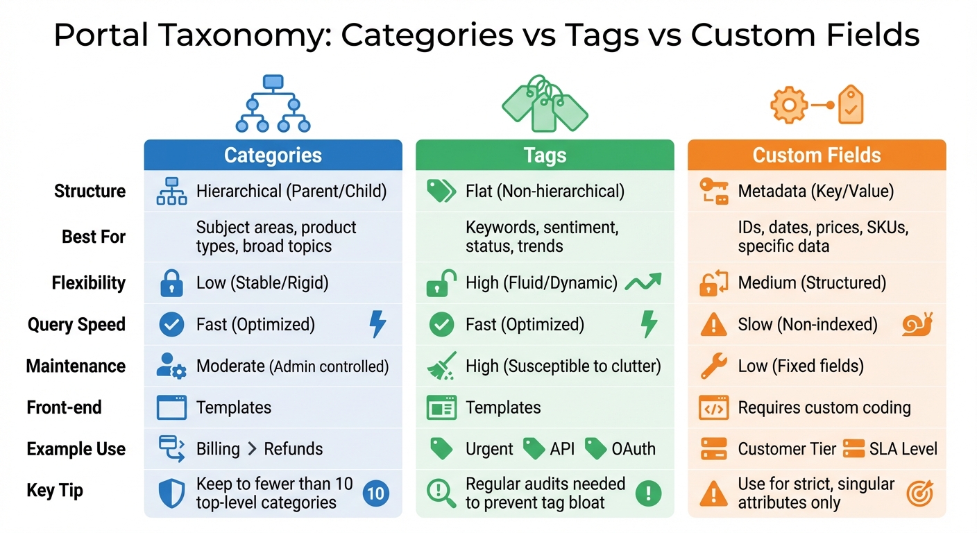 Portal Taxonomy Comparison: Categories vs Tags vs Custom Fields