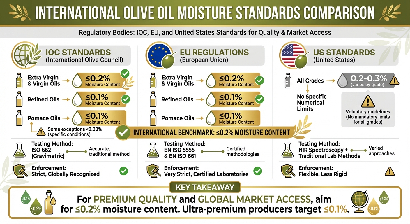 International Olive Oil Moisture Standards Comparison: IOC, EU, and US Requirements
