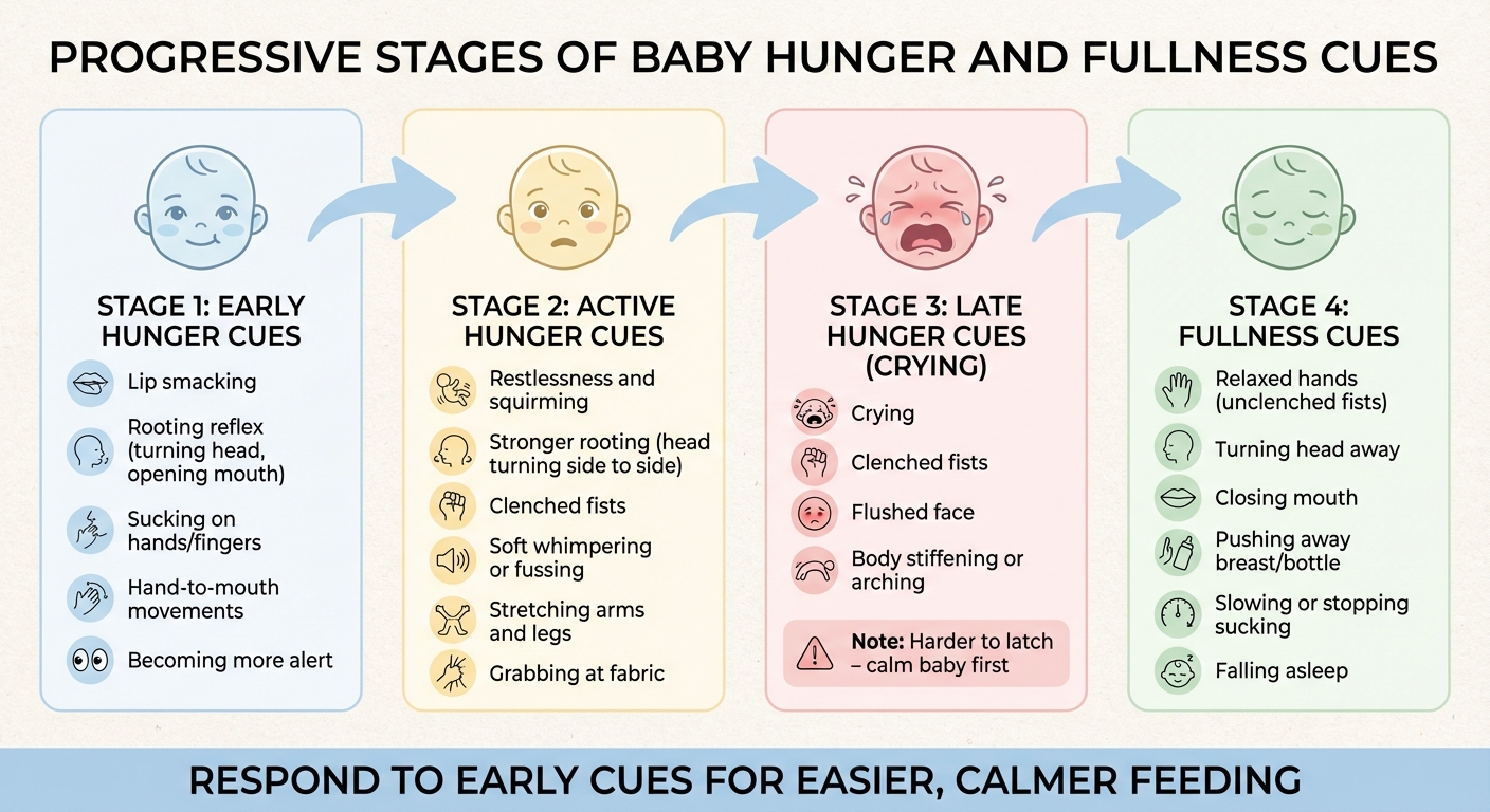 Baby Hunger Cues Stages: Early, Active, Late, and Fullness Signs