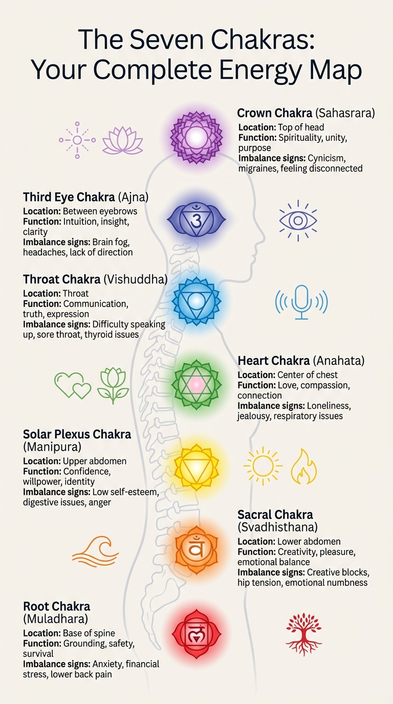 Complete Guide to the Seven Chakras: Colors, Locations, Functions and Imbalance Symptoms