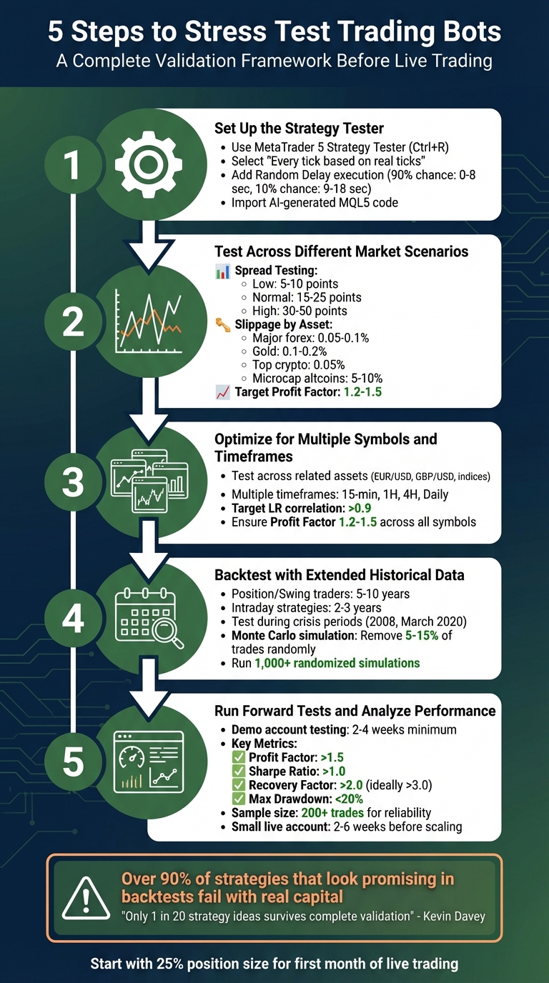 5-Step Trading Bot Stress Testing Process with Key Metrics