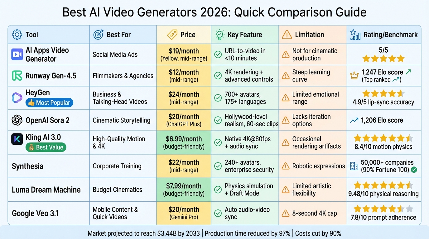 AI Video Generator Comparison Chart 2026: Features, Pricing and Best Use Cases