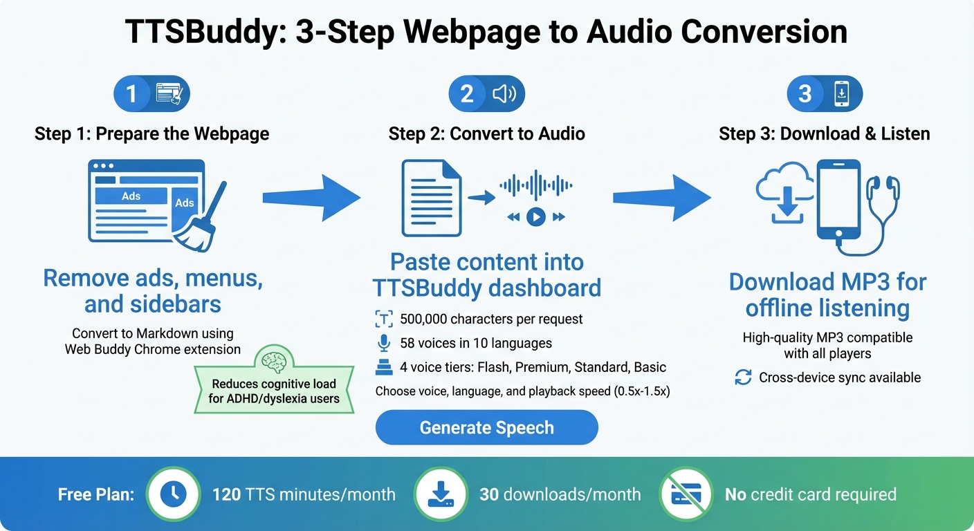 How to Convert Webpages to Audio: 3-Step Process with TTSBuddy
