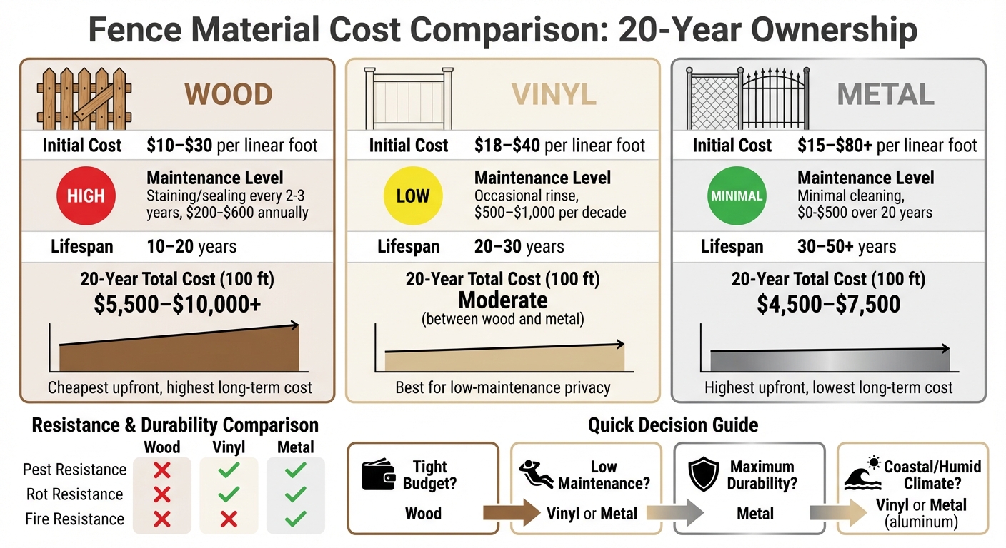 Wood vs Vinyl vs Metal Fence Cost Comparison: Initial Price, Maintenance, and 20-Year Total Cost